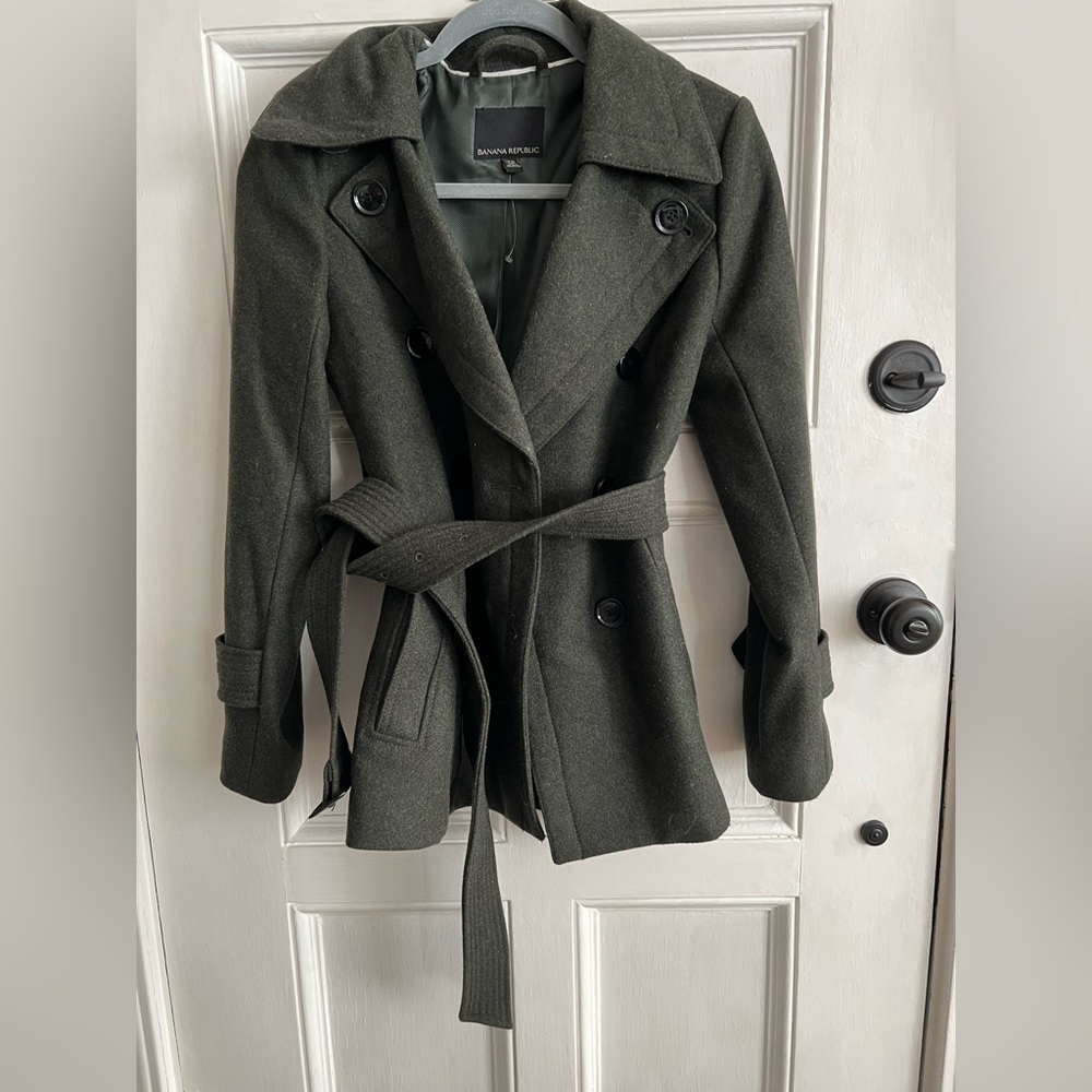 Banana Republic | Forest Green Double Breasted Peacoat with Waist Tie